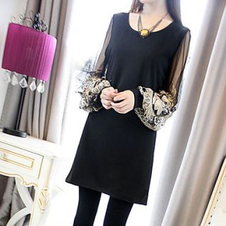 BeiYan Womens Fashion Large Mesh Splice Lantern Sleeve Dress(Black)