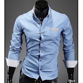 HKWB Casual Long Sleeve Leather Joint Pocket Shirt(Light Blue)