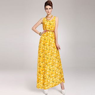 Color Party Womens Peach Printing Dress With A Belt (Yellow)