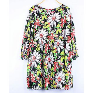 JRY Womens Fashion Round Neck Screen Color H Line Floral Print Chiffon Loose Fit Dress