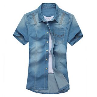 GBS Mens Denim Korean Slim Fit Short Sleeve Shirt(Light Blue)