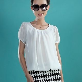 E Shop 2014 Summer Polka Dots Loose Fit Short Sleeve Chiffon Shirt (White)