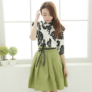 Lirenniao Korean Style Elegant Turn Down Collar Printing Long Sleeve Dress(Screen Color)