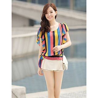 Yishabeier Round Collar Stripe Chiffon Blouse With Short Sleeves(Screen Color)