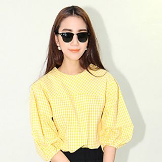 K Star Womens Korean Puff Sleeve Solid Color Check Tops(Black,Yellow)