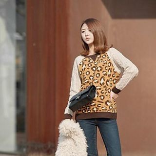 Womens Yellow Round Collar Leopard Sweater