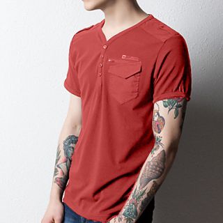 Lucassa Mens Simple Solid Color Relief Printing T Shirt(Red)