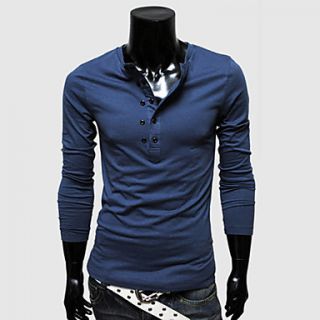 UF Mens Spring Solid Color Double breasted Fit Long Sleeve T shirt Blue