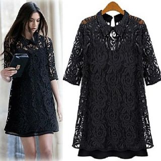 Womens Lapel Long sleeved Hollow out Render Dress