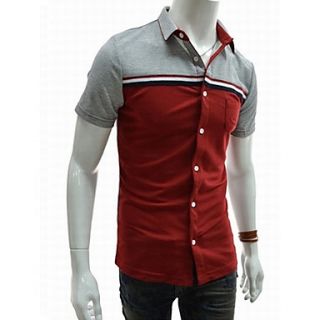 ZHELIN Mens Lapel Neck Short Sleeve Bodycon Contrast Color Wine 100% Cotton T Shirt