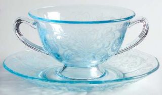 Fostoria Versailles Blue Bouillon Cup & Saucer Set   Stem #5098, Etch #278, Blue
