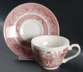 Churchill China Willow Rosa (Pink)(Colombia/Romania) Flat Cup & Saucer Set, Fine