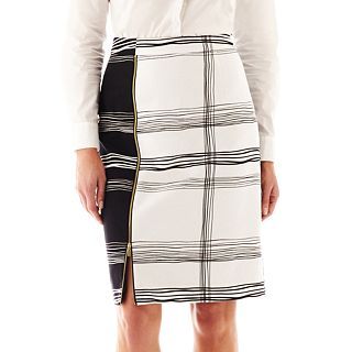 Worthington Zipper Front Plaid Pencil Skirt, White, Womens