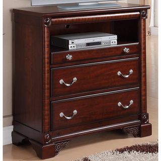 Rhapsody 2 drawer Entertainment Chest (Hardwood solids/ pine/ zebra wood/ cherry veneersFinish Dark cherryTwo (2) spacious drawers/ one (1) pull out trayFelt lining in the top drawer to keep treasured items safeThe drawers feature metal ball bearing glid
