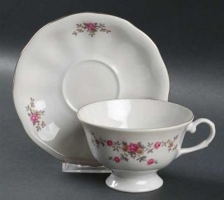 Favolina Fav16 Footed Cup & Saucer Set, Fine China Dinnerware   Pink Roses, Brow