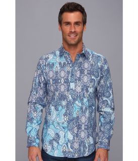 Thomas Dean & Co. Blue Print Tailored Fit L/S Sport Shirt Mens Clothing (Blue)