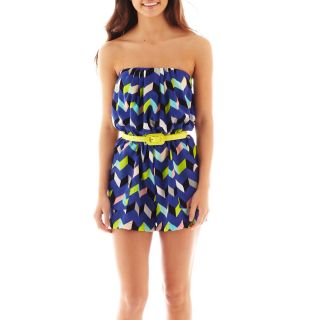 City Triangles Sleeveless Belted Geo Print Romper, Roy/blk