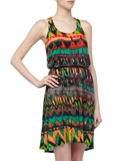 Sleeveless Ikat Print Slub Knit Dress, Natural/Lime