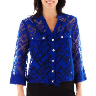 Lark Lane Geometric Chic Solid Blouson Burnout Shirt, Blue