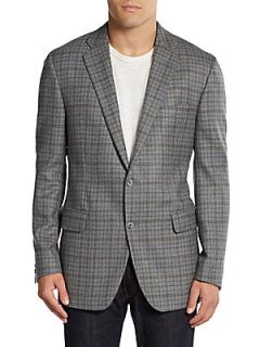 Wool Plaid Two Button Blazer/Slim Fit   Medium Grey