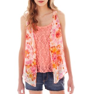 Spoiled Open Front Racerback Cardigan, Tank Top and Necklace, Pink, Womens