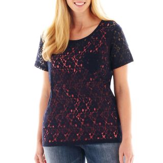 Short Sleeve Lace Tee   Plus, Darkest Sky, Womens