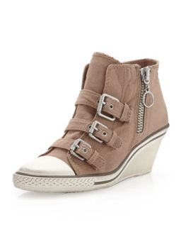 Canvas Buckled Wedge Sneaker, Stone