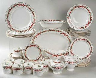 Royal Worcester Holly Ribbons 55 Piece Set, Fine China Dinnerware   Red Ribbons
