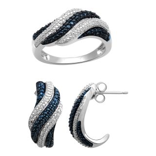 1/10 CT. T.W. Blue & White Diamond Boxed Wave Ring & Earrings Set, Silver,