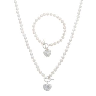 Cultured Freshwater Pearl & Crystal Heart Necklace & Bracelet Set, Womens