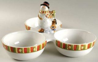 Celebrate Snowman 3 Part Relish w/Center Ceramic Handle, Fine China Dinnerware  