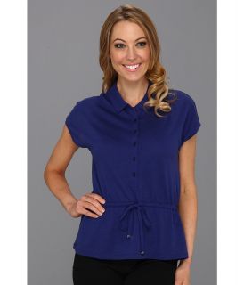 Lacoste Cap Sleeve Fluid Pique Ruched Waist Polo Womens Short Sleeve Pullover (Blue)