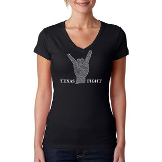 Los Angeles Pop Art Womens Texas Fight Song Black V neck T shirt (100 percent cotton Machine washableAll measurements are approximate and may vary by size. )