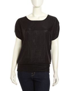 Sequined Banded Mesh Tee, Black
