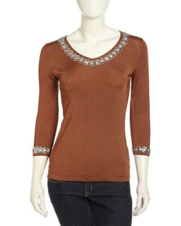Three Quarter Eyelet Sequined Stretch Knit Sweater, Brown