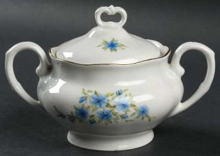 Favolina Candia Sugar Bowl & Lid, Fine China Dinnerware   Blue Flowers, Green Le