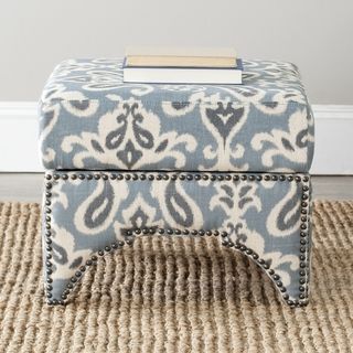 Safavieh Sahara Scolls Blue Square Storage Ottoman (BlueMaterials Wood, linen blend fabricSeat dimensions Plywood and linen/ cotton fabricSeat height 16.5 inchesDimensions 16.5 inches high x 20.3 inches wide x 20.3 inches deepThis product will ship to