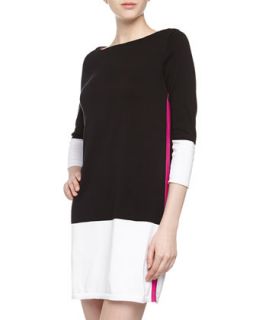 Three Quarter Colorblock Knit Dress, Black/White/Pink