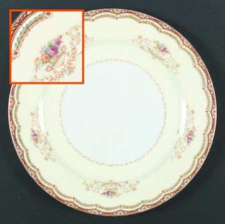 Fuji Victoria Dinner Plate, Fine China Dinnerware   Red Band, Florals, Tan Scrol