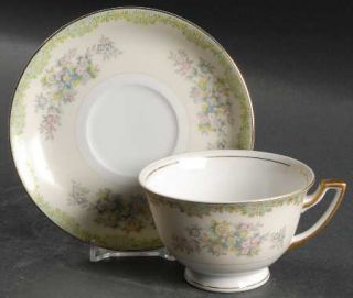 Meito Marie  Footed Cup & Saucer Set, Fine China Dinnerware   Green&Tan Edge,Flo
