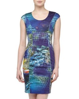 Cap Sleeve Graphic Print Stretch Knit Corset Dress, Turkish Sea
