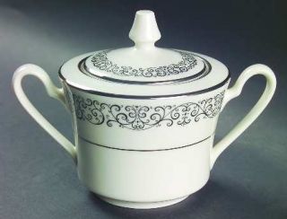 Noritake Hawthorne Sugar Bowl & Lid, Fine China Dinnerware   Black Scrolls On Ri