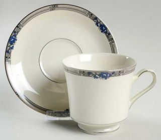 Mikasa Wilshire Footed Cup & Saucer Set, Fine China Dinnerware   Ivory, Gray & B