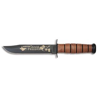 Ka bar Usmc Iraqi Freedom Knife (BrownBlade materials 1095 Cro VanHandle materials LeatherGrind FlatEdge angle 20 degreesShape ClipBlade thickness 0.165Blade length 7 inchesHandle length 4 7/8 inchesWeight 0.70 poundsBefore purchasing this produc