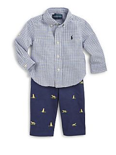 Ralph Lauren Infants Two Piece Check Shirt & Schiffli Pants Set   Blue 