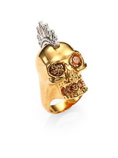 Alexander McQueen Crystal Two Tone Punk Skull Ring   Gold