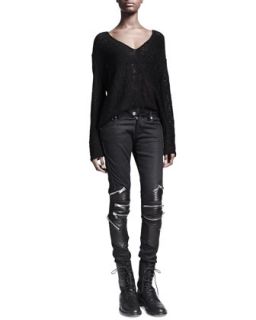 Womens Zip Detail Leather Knee Jeans   Saint Laurent