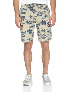 Reversible Beach Print/Solid Shorts, Stone