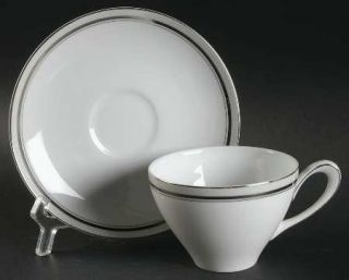 Amcrest Pearl Mist Flat Cup & Saucer Set, Fine China Dinnerware   Gray & Platinu