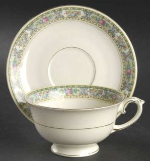 Baronet Sonia Footed Cup & Saucer Set, Fine China Dinnerware   Cream, Floral Bor